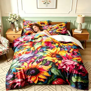 3-piece duvet cover set features a colorful sunflower pattern printed using 3D digital printing technology. Suitable for bedroom and guest room bedding (includes 1 duvet cover and 2 pillowcases, duvet insert not included). Machine washable with a zipper.