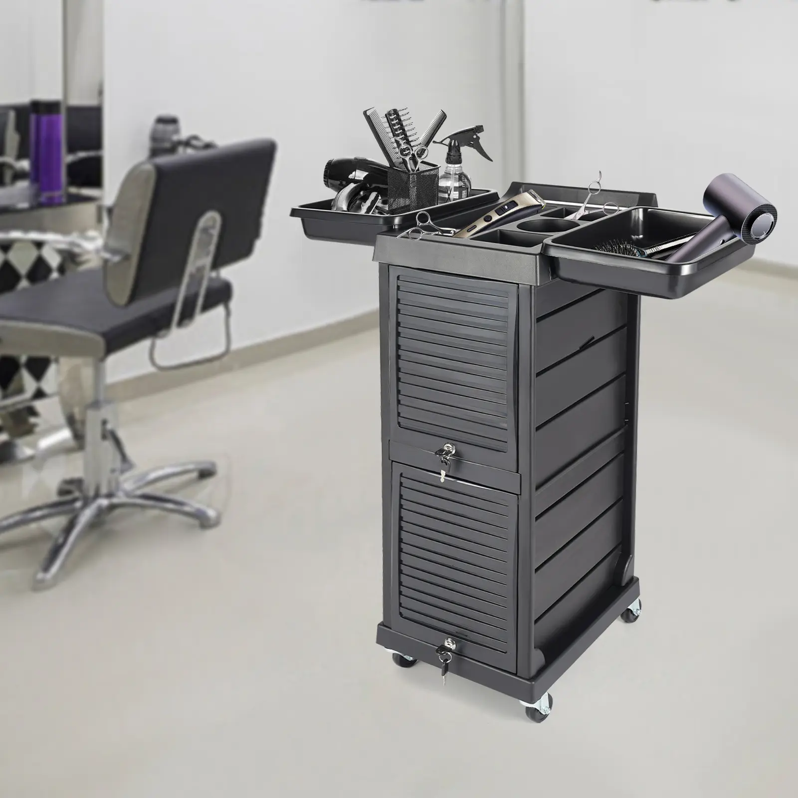 Black 7-Tier Rolling Plastic Storage Trolley - Floor Stand, Adjustable Mobile Commercial Salon Furniture, 50*45*88cm, 6.5kg, Salon Home Manicure Hair Tools Cosmetics Nail Spa Organizer (PVC-PP Construction), Assembly Required