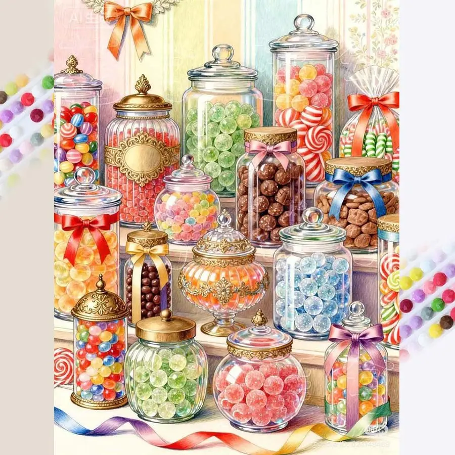 1 set of DIY diamond painting kit, 5D diamond art set, DIY decorations candy jar, colorful, bow decoration. Mosaic, diamond art, DIY art home decor.