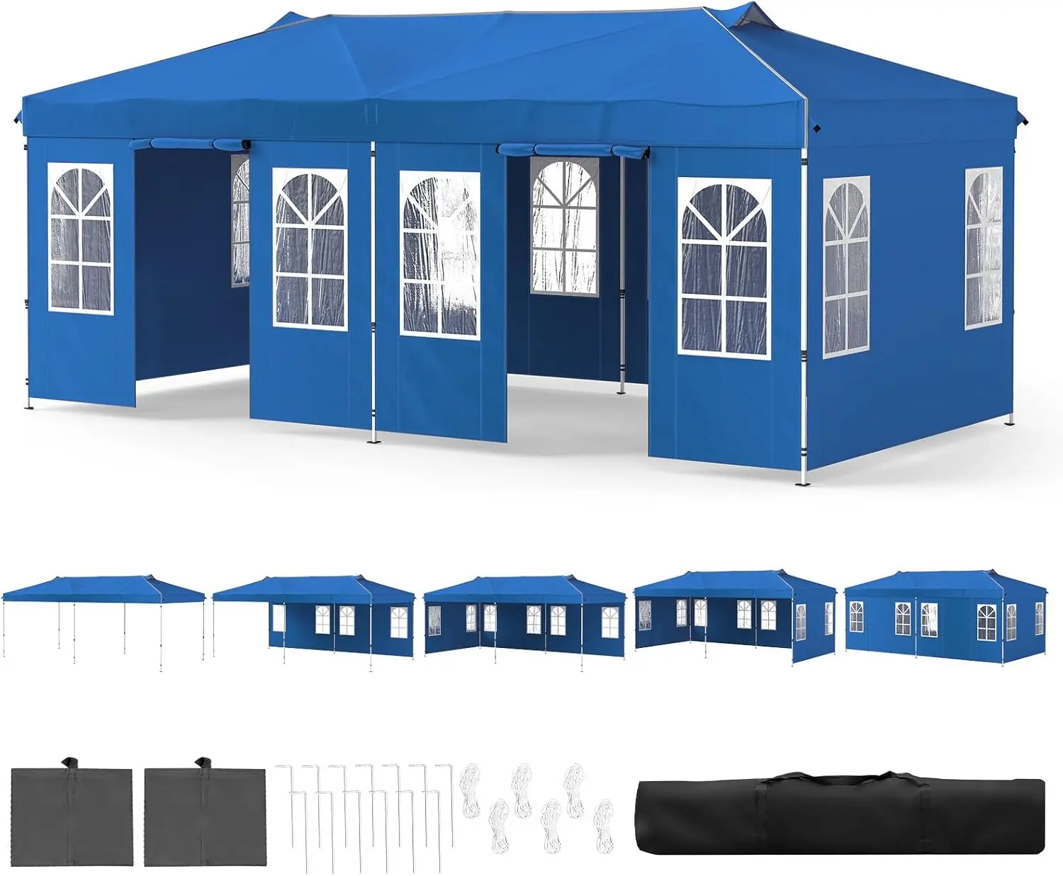 Vallmore 10x20 Ft Large Camping Canopy, 200 Sq Ft, 6 Removable Sidewalls, Church Windows + Zippered Doors, Air Vent Top, Reflective Strips, 13 Stakes + 6 Ropes