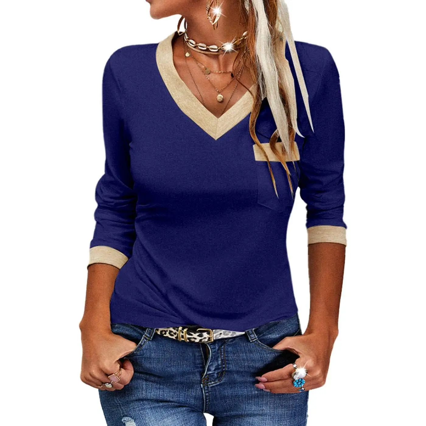 Imily Bela Womens Long Sleeve T Shirts Casual V Neck Color Block Tunic Tops Loose Basic Top
