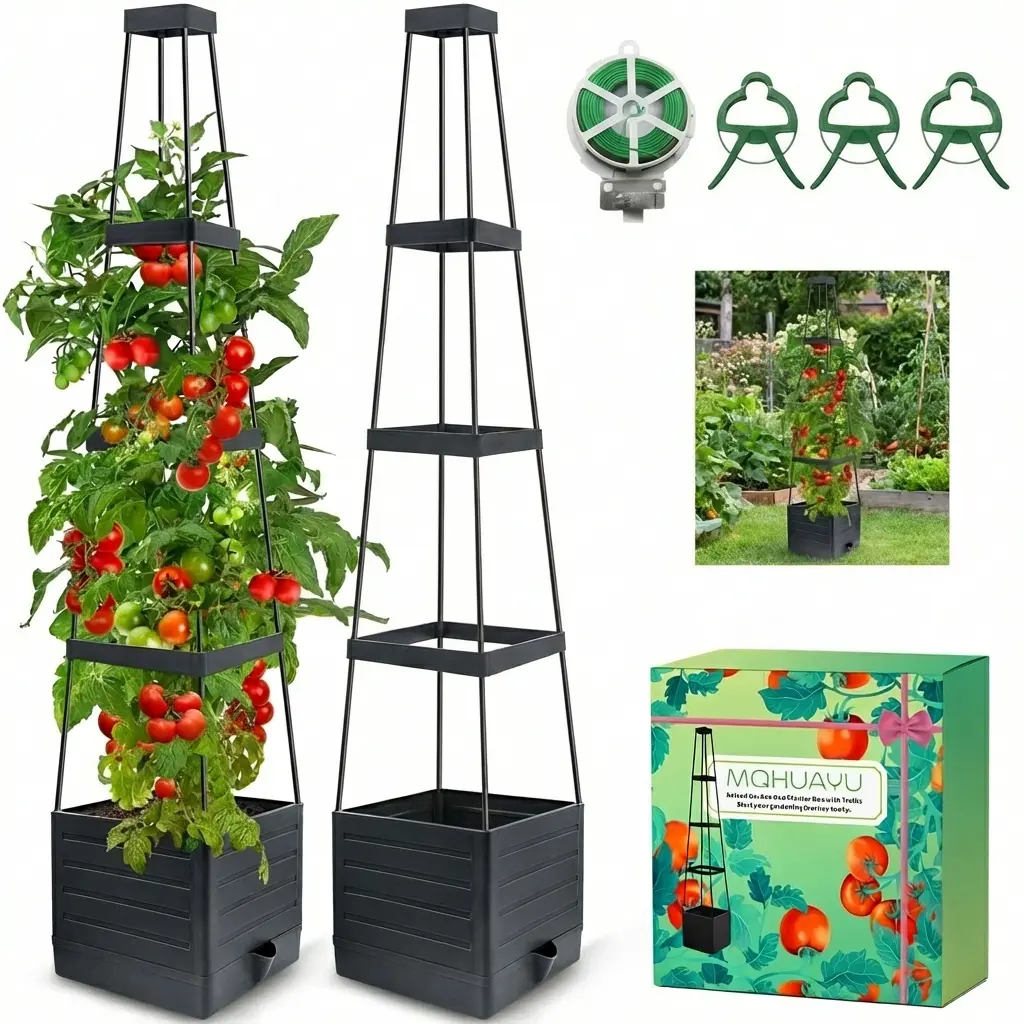 2-Pack Self-Watering Elevated Planting Boxes with Trellis, 57" Tall Climbing Planting Stand, Stackable Gardening Supplies for Container Gardening Vines, Outdoor Patio Use (9.8x9.8in Bottom Water Reservoir)
