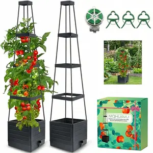 2 Pack Raised Garden Bed Planter Box with Trellis, 57" Self-Watering Tomato Cage Planters for Climbing Plants Vegetable Vine Flowers Outdoor & Indoor (57x9.8x9.8IN)
