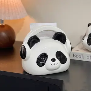 1pc Creative Cute Panda with Headphones Ceramic Tissue Box Holder - Decorative Bathroom & Living Room Storage, Adorable Animal-Themed Home Décor, Visually Appealing High-Quality Ceramic Circular Tissue Dispenser, Panda Accessories, Playful
