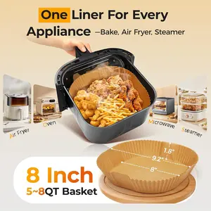 02Air Fryer Paper Liners, 125Pcs Parchment Paper, Air Fryer Liners Disposable for Microwave, Non-Stick Air Fryer Liner Square Free of Bleach (8IN)