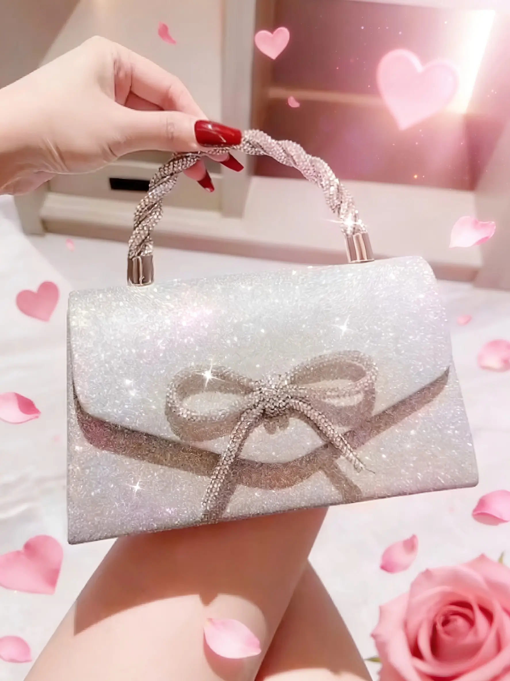 Valentine's Day New Rhinestone Glitter Evening Bag, Bow Accent Crossbody Purse, Luxury Pearl Clutch for Women, Elegant Party Handbag, Crossbody Bags, Fashion Purses, Fashionable Bags