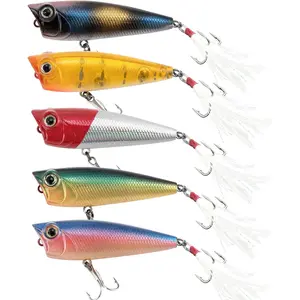 5-Pack Fishing Popper Lure, Fishing Top Water Lures Bass Lures Feathered Treble Hooks Rooster Tail Lure Plugs Hard Baits