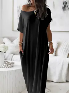 Women's Loose Fit Nightgown, Soft Comfortable Solid Round Neck Sleepwear, Short Sleeve Batwing Sleeves, Casual Home Wear for All Seasons