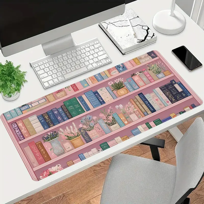 Pink Bookshelf Large Gaming Mouse Pad, Extended Desk Mat,Office Desk Accessories Non-Slip Stitched Edge Computer Mat, Rubber Base Keyboard Pad for Home Office & Gamer,Durable and Spill-Resistant, Aesthetic Desk Accessories