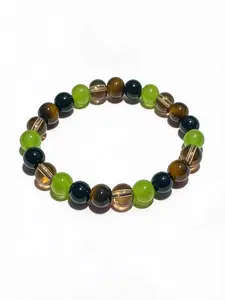 Unisex Earthy Olive Green Brown Black Beaded Bracelet, Glossy Faux Crystal, Lustrous Stone Inspired, Sacred Mystic Theme, Daily Wear, Synthetic Resin Bracelet