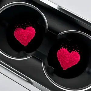 2-piece set of heart-printed car coasters, Car Accessories, absorbent and splash-proof, easy to remove and clean, suitable for office/home/car use, ideal for everyday drinking, coffee, tea, and other occasions