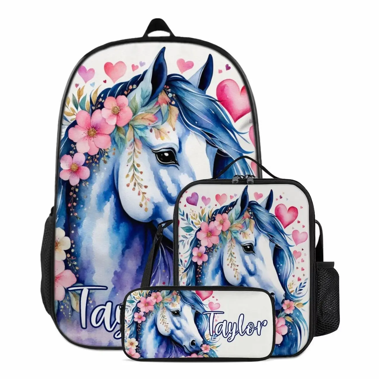 Personalized Horse Girls Backpack Set, Custom Name School Bag with Lunch Bag & Pencil Case