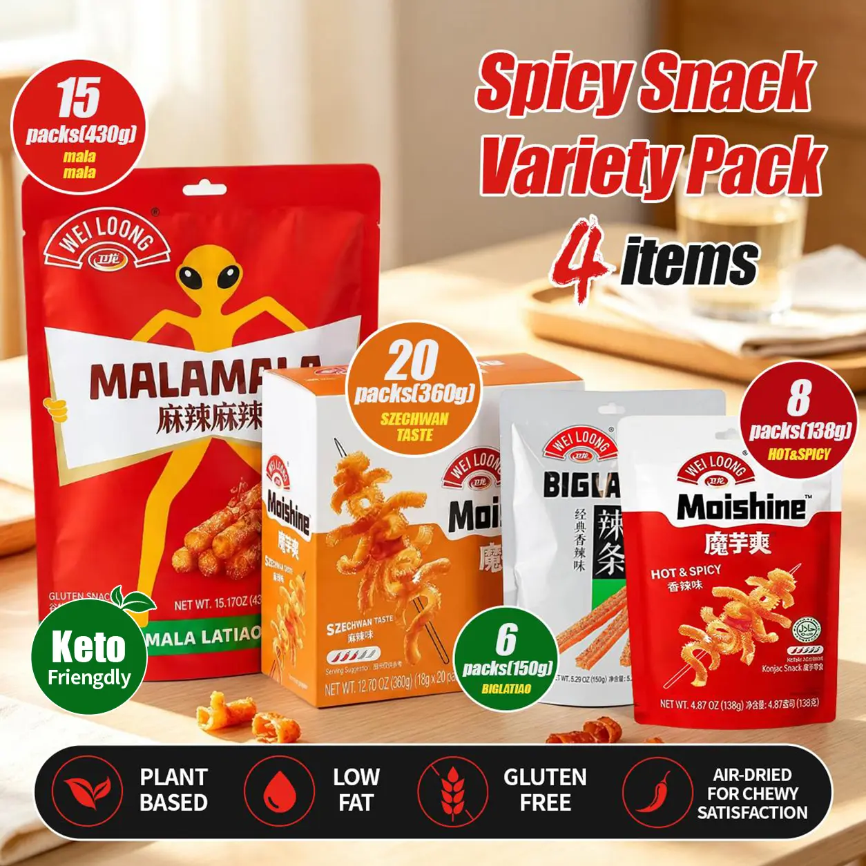 WEI LOONG Spicy Snack Variety Pack, 4 Items | Mala Latiao + Szechwan Konjac + Biglatiao + Hot & Spicy Moishine, Chewy Plant-Based Asian Snacks keto friendly backtoschool