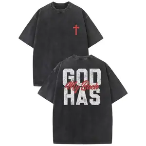 Men's God Has My Back Christian Cross T-Shirt - Oversized Vintage Black Religious Tee with GOD HAS MY BACK Slogan, Faith Statement Shirt, Casual Church Wear, Unisex suitable for men & women, Machine Washable Co Retro Double-Sided Water Wash T-Shirt