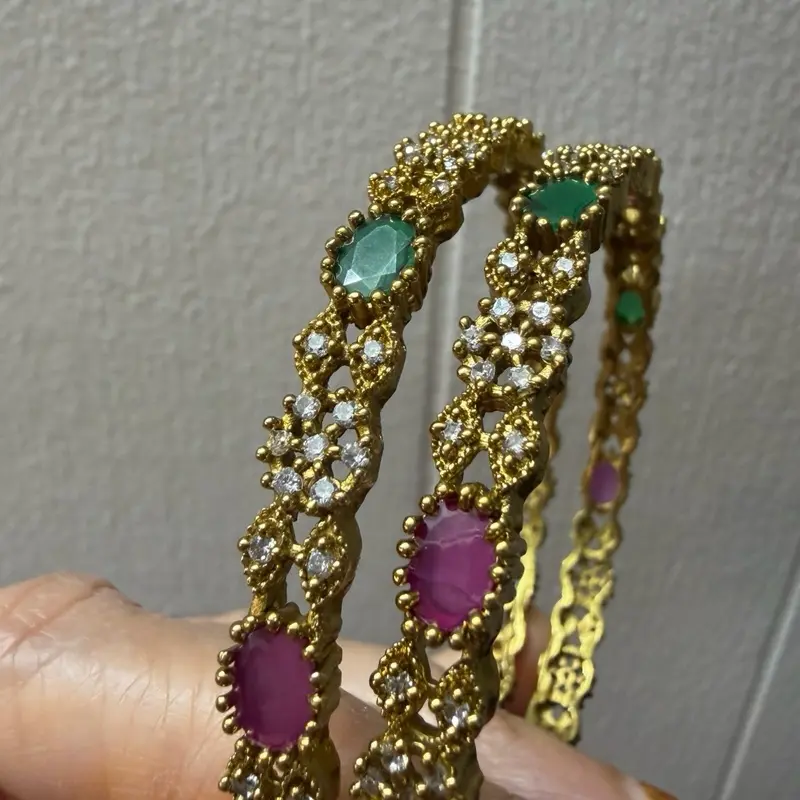 Women's Traditional Antique Polish AD Stone Bangles - Female Indian Costume Jewelry with Vibrant Ruby & Green Stones, Elegant Accessory for Weddings & Festivals, Gemstones