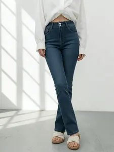 Women's High Waisted Stretchy Bootcut Jeans Casual Double Button Washed Straight Leg Denim Pants Waist Bottom - Womenswear