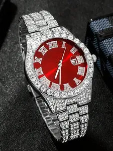 Men's Silver Color Stainless Steel Watch Band with Rhinestones, Casual Business Style Quartz Watch, Business Fashion Watch, Perfect Gift for Holidays