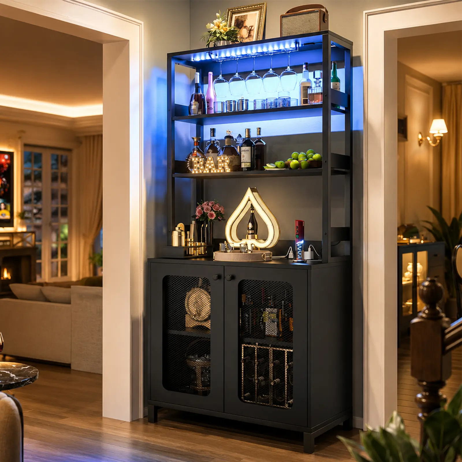 67" Tall Wine Bar Cabinet with RGB LED Lights & Charging Station, Coffee Bar Cabinet Home Bar liquor Cabinet for Home with Hutch ＆ Glass Holder
