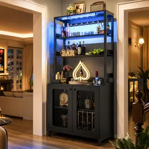 67" Tall Wine Bar Cabinet with RGB LED Lights & Charging Station, Coffee Bar Cabinet Home Bar liquor Cabinet for Home with Hutch ＆ Glass Holder