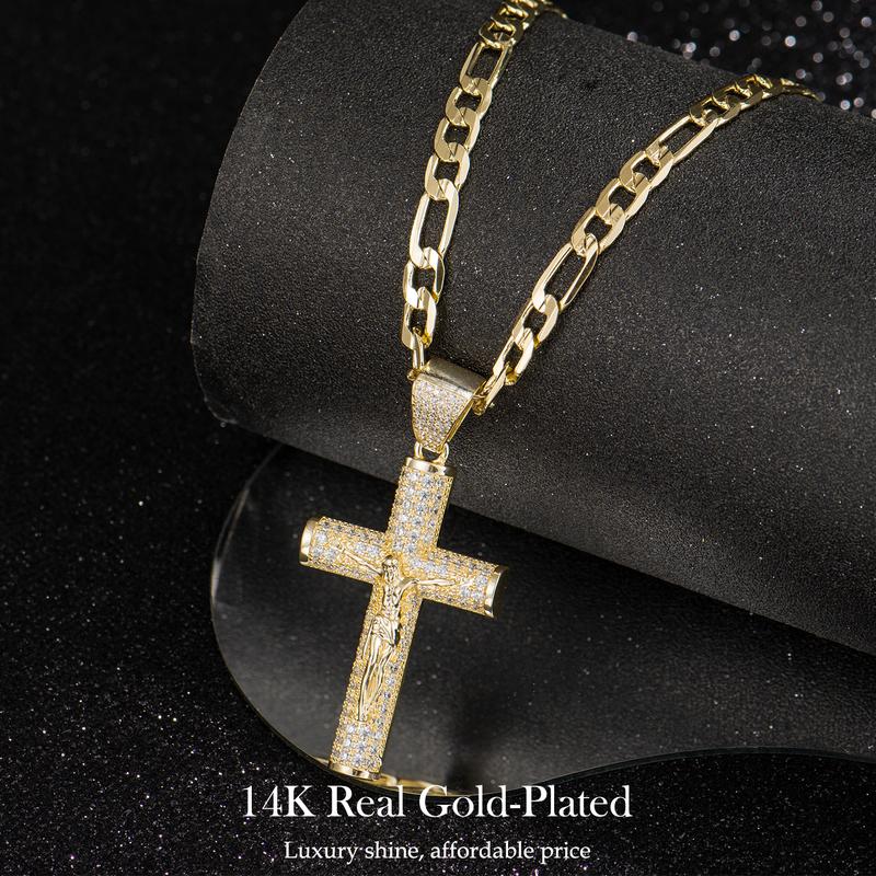 Holylegend 14K Real Gold-Plated Cross Necklace for Men, Advanced Nanotech Tarnish-Free Cuban Figaro Rope Miami Chains with Jesus Crucifix Pendant, 24” Long , Christian Religious Jewelry Gift