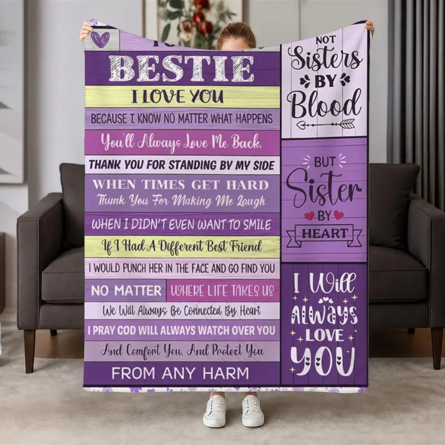 Cozy Bestie Love Flannel Throw Blanket - Soft Purple & Lavender Collage with Heartfelt Friendship Quotes, Ideal Gift for Sisters by Heart, Perfect for Couch, Bed & Travel