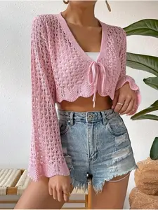 Women's Plain Fitted Hollow Out Scallop Trim Tie Front Crop Cardigan, Casual Fashion Long Sleeve V Neck Cardigan for Summer, Women's Knit Clothing for Daily Wear