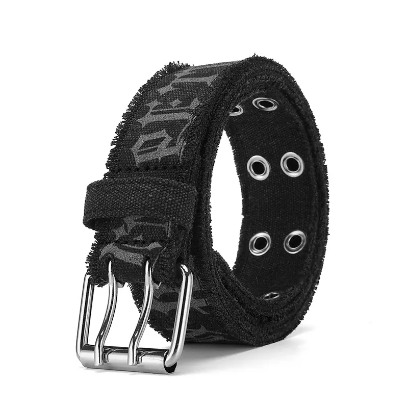 Gothic Grommet Belt - Men's/Women's Vintage Y2K Canvas Waistband with Double Prong Buckle, Frayed Edge, Alternative Grunge Streetwear, Edgy Cyberpunk Aesthetic Black Clothes Accessory Gift for Teens