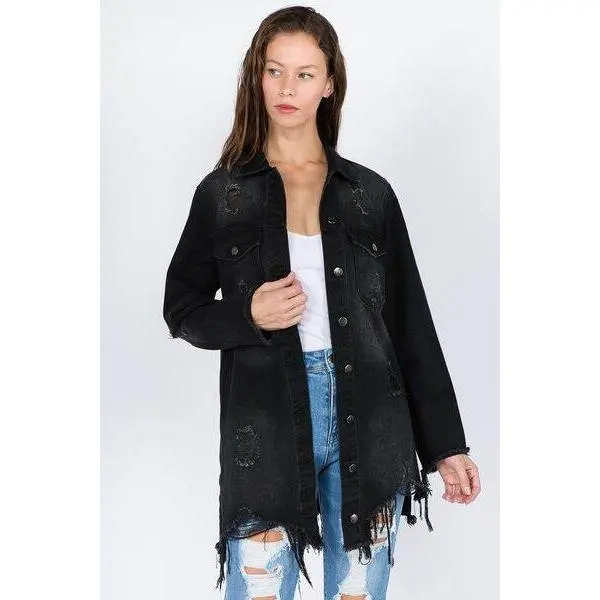 American Bazi Distressed Frayed Hem Denim Jacket