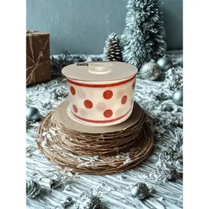 2.5" White Wire Edge Ribbon with Red Glitter Polka Dots and Red Glitter Borders 10-yard roll