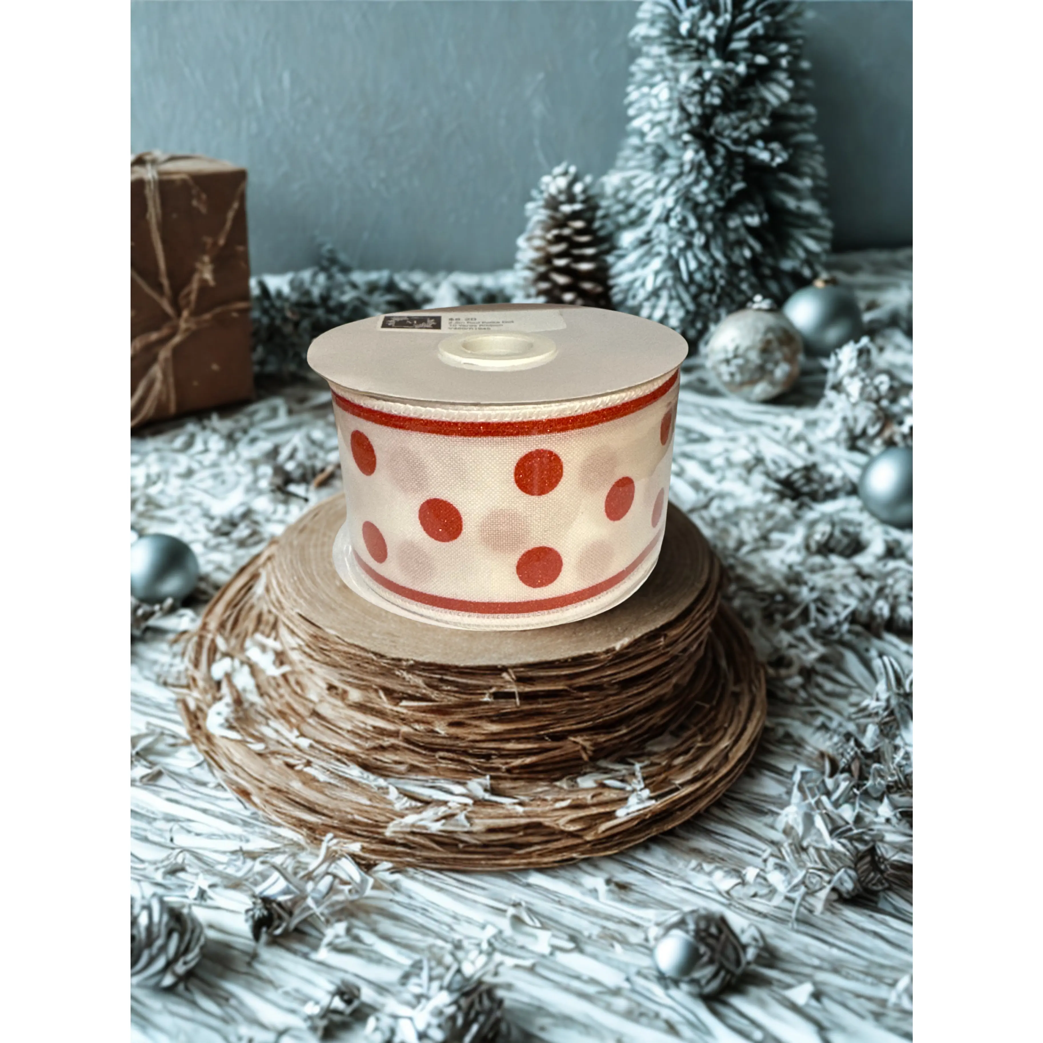 2.5" White Wire Edge Ribbon with Red Glitter Polka Dots and Red Glitter Borders 10-yard roll