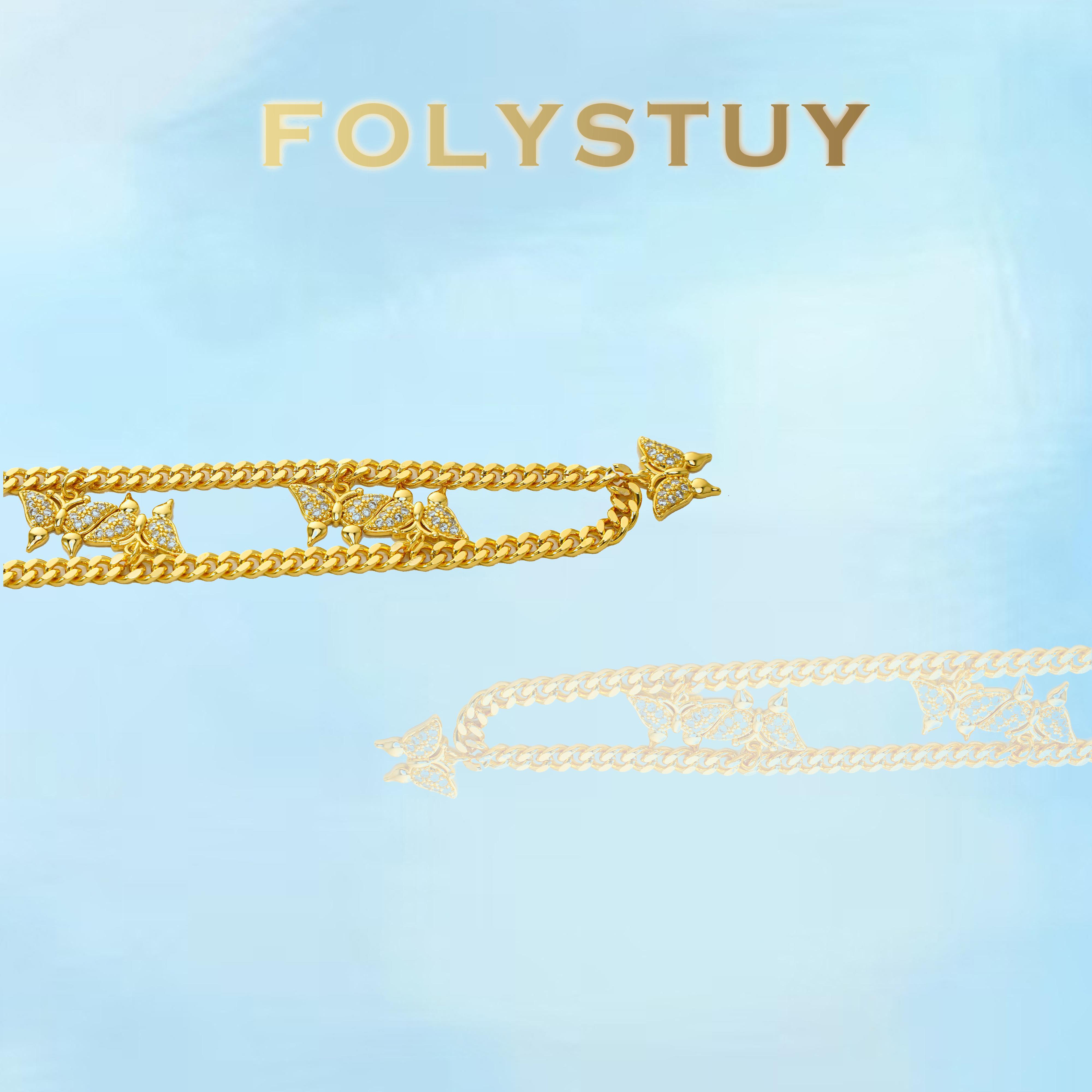 [FOLYSTUY (Y137)]Sparkly Butterfly Cuban Chain Necklace, 0.20" Width 19.6" Length Trendy Fashion Jewelry