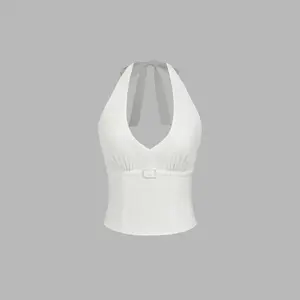 Cider Cotton Halter Neckline Buckle Shirred Tank Top