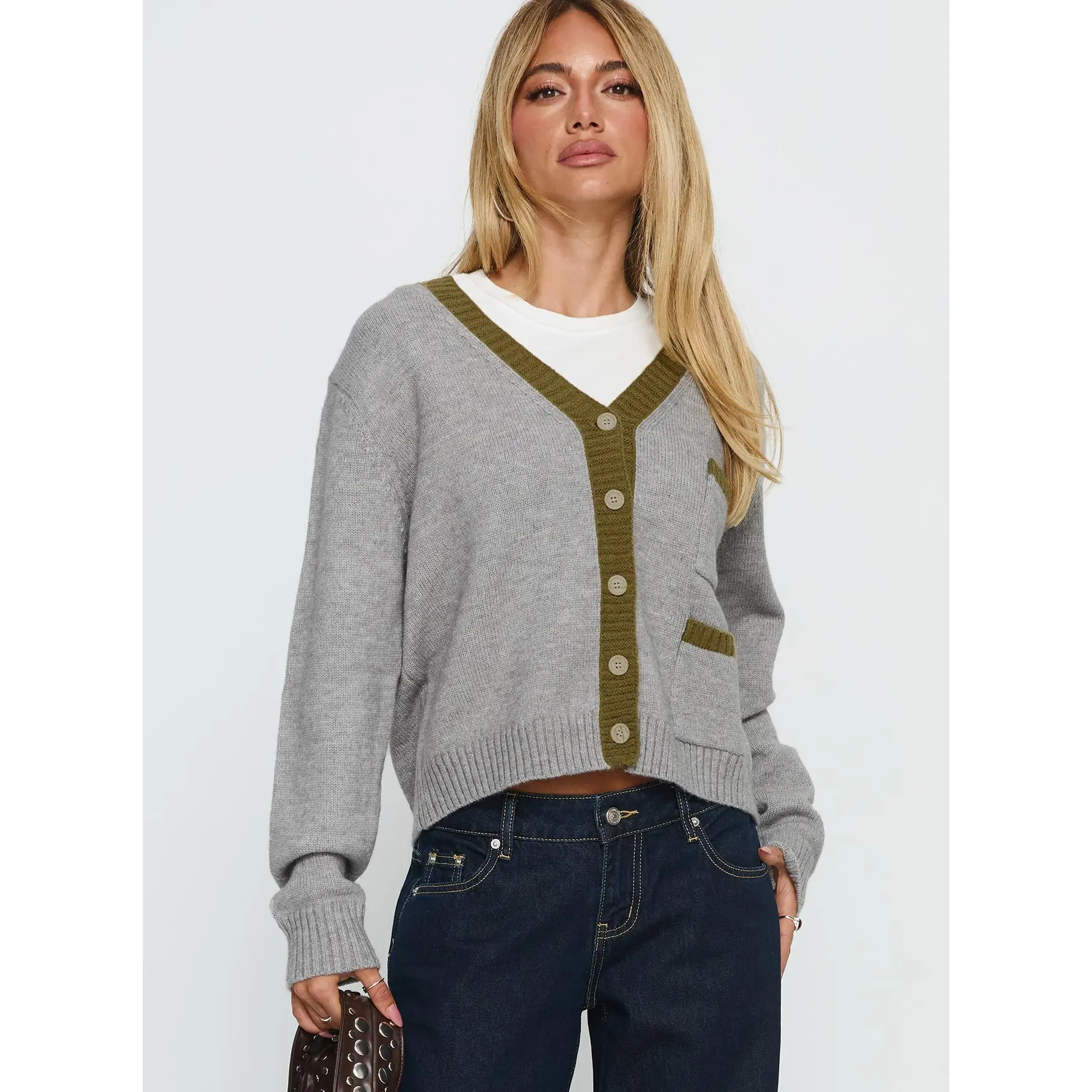 Atira Contrast Knit Cardigan Grey