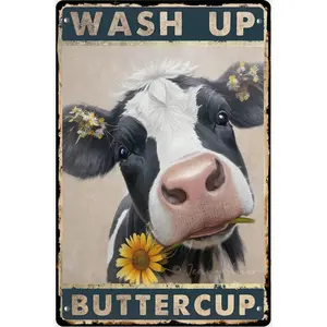 8x12 Metal Tin Sign Wall Art - Funny Cow Wash Up Buttercup Bathroom Decor with Cute Black & White Cow & Daisy Design, Rustic Farmhouse Toilet Poster for Home, Housewarming Gift, Party Decoration, Durable Metal Farm Animal Art for Bathroom or Kitchen
