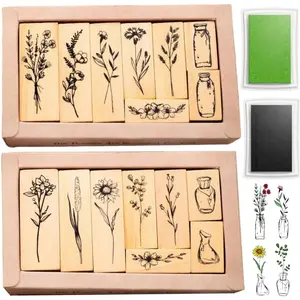 18 Pieces of Stamps for Crafts, 2 Styles: Plant Rubber Ink Stamps with Green and Black Wooden Flowers