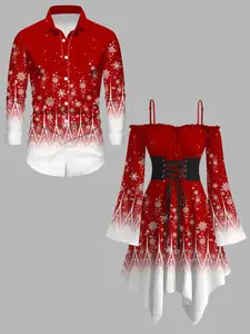 DRESSLILY 2025 Christmas Couple Outfit Women's Ombre Snowflake Print Lace Up Belt Dress and Men's Long Sleeve Button Up Shirt Matching Set