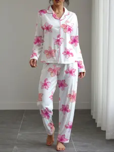 Women's Floral Print Pajama Set, Casual Fitted Long Sleeve Shirt & Elastic Pants, Soft Stretchy Fabric, Fall Winter Home Wear