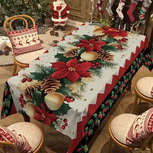 Rectangular Christmas Tablecloth, Poinsettia Flower Design, Perfect for New Year Parties and Dinners, Best Gift Tablecloth