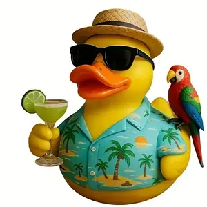 Resin Cute Beach Duck Figurine Ornament - Tropical Hawaiian Shirt, Fashion Glasses, Expressive Eyes, Palm Tree Accent, No Assembly Needed, Ideal Christmas Gift for Pool, Beach Home Decor (Yellow Duck with Lime Garnish Look)