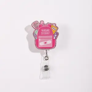 Glitter Nurse Badge Reel, Nursing Student ID Holder, Expandable Clip with Backpack Design, Ideal for Vocational Learning Scenarios