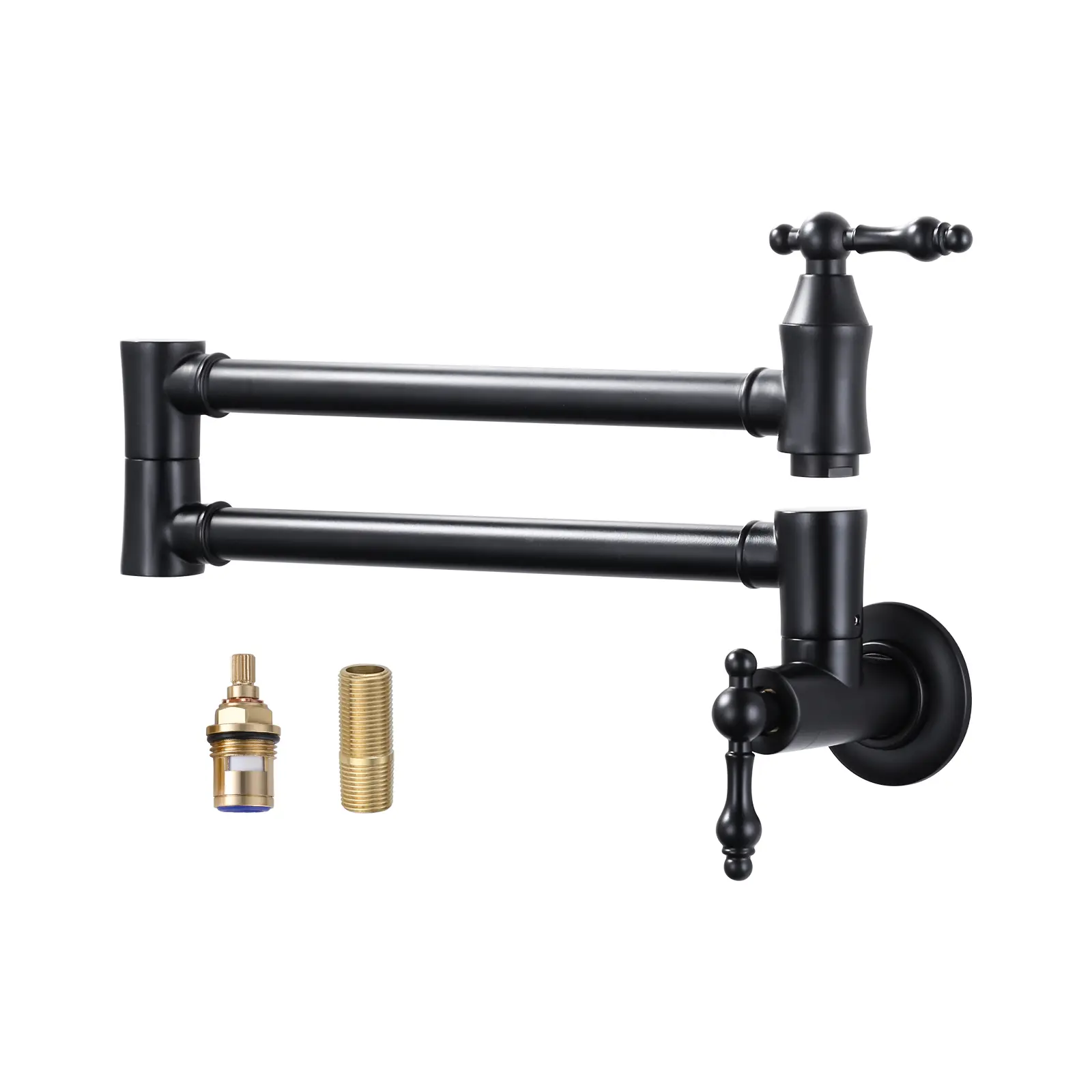 WOWOW Solid Brass Wall-Mounted Pot Filler Kitchen Faucet, Modern Double-Joint Swing Arm Rotating Water-Saving Kitchen Tap in Matte Black, Rotating Faucet Kitchen Taps, Water Saving Kitchen Taps