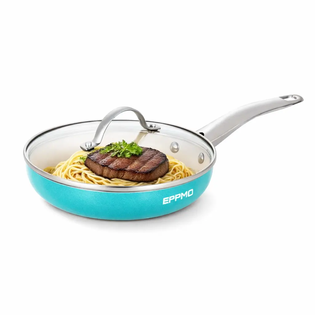 8-Inch Blue Ceramic Nonstick Frying Pan with Glass Lid, Non-Toxic Aluminum Cookware, Stainless Steel Handle for Eggs & Breakfast Daily Cooking