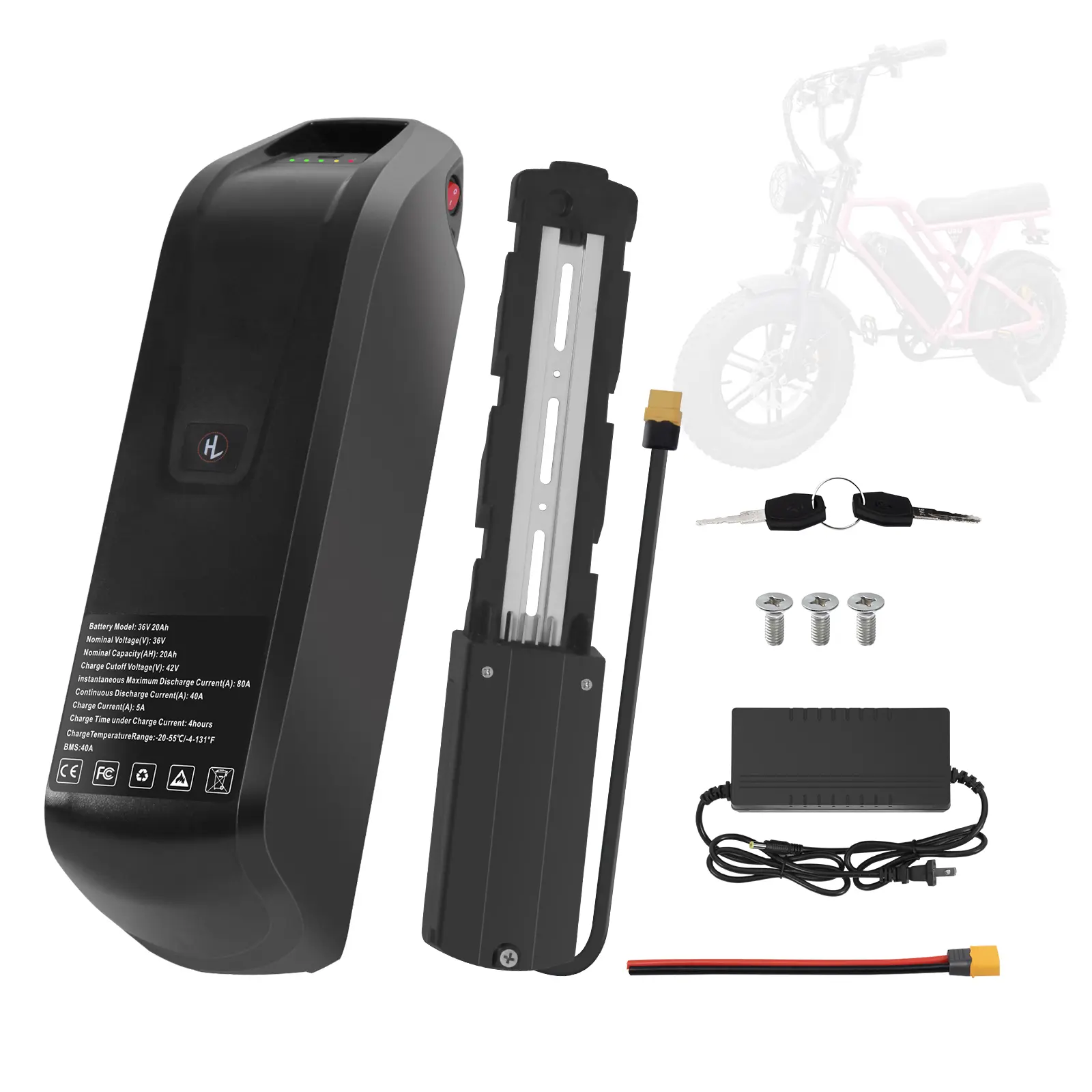 36V 20Ah Lithium eBike Battery Pack, High-Capacity Electric Bike Battery with 4-Pin Base, 40A BMS, Safe Lock, USB Port, XT60 Plug, Compact & Universal Fit, 14.5×3.74×5.43 in, for 0-1800W Motors, 12-Month Warranty