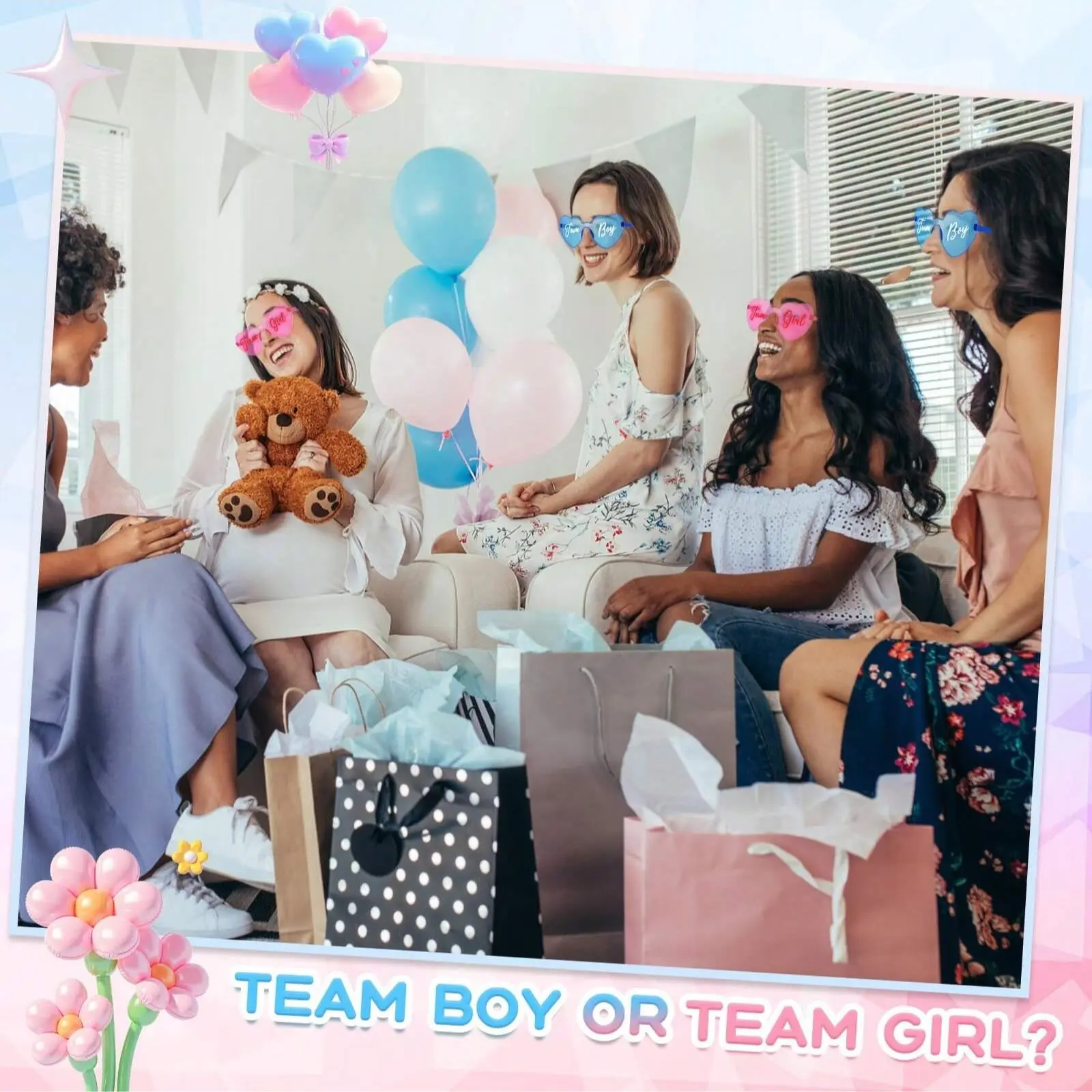 Baby Shower Gender Reveal Glasses Blue & Frameless Sunglasses Team Girl Boy Decorations, Party Favor, Party Accessories, 2/8/12 Pieces for Party, Party Supplies