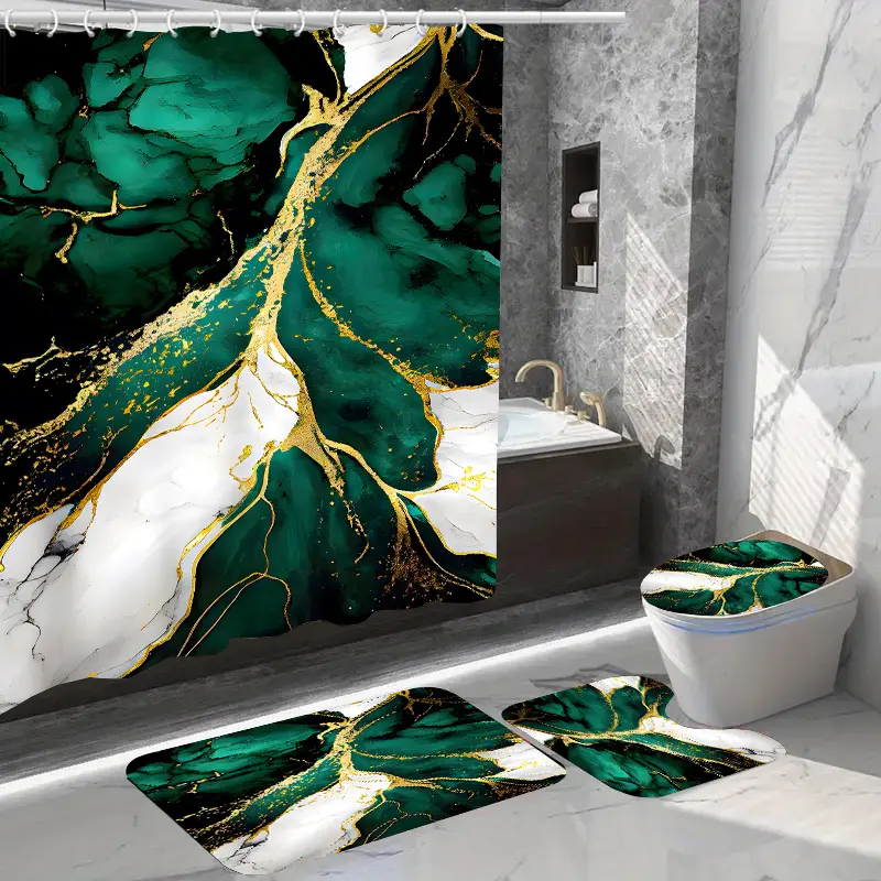 Home Decor Bath Shower Curtain Sets with 12 Hooks Toilet Seat Cover Bathroom Mat Non-slip Rug Carpet Polyester Fabric Washable Curtain for Windows Bathroom Accessories
