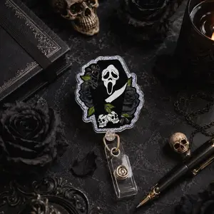 Ghostface Coffin Badge Reel, Spooky Cute Horror Coquette Aesthetic Retractable Badge Holder, Teacher Nurse Halloween BookTok Badge Reel Gift