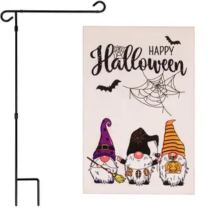 G128 Combo Pack: Garden Flag Stand Black 36 in x 16 in & Garden Flag Happy Halloween Decoration Three Gnomes Spider Web 12"x18" Double-Sided Burlap Fabric