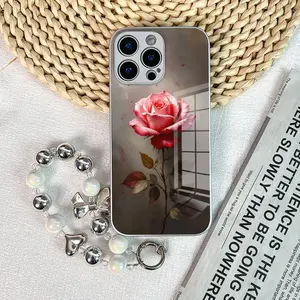 iPhone 13 case tempered glass flower phone cases with bracelet, TPU frame cover, compatible with iPhone 11, 12, 13, 14, 15 Pro Max and 16 Pro Max, elegant Protection Smartphone
