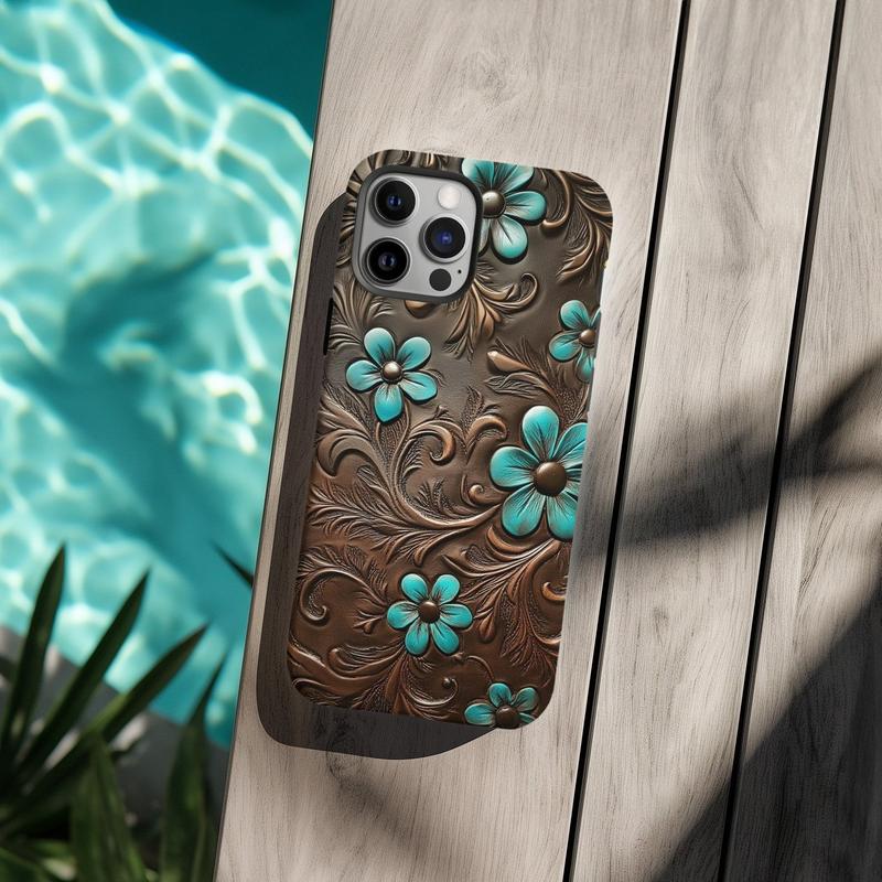 Western Turquoise Floral Tooled Leather Style Case for iP Phone 17 16 15 14 13 12 11 Pro Max Plus X XR XS - Boho Country Chic 3D Effect Print Cover 🌵💎✨