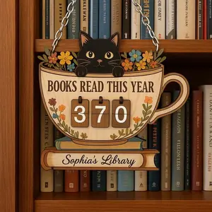Personalized Books Read Tracker Sign, Cat Lover Reading Counter, Personalized Wooden Library Sign, Cute Book Lover Gift for Reader